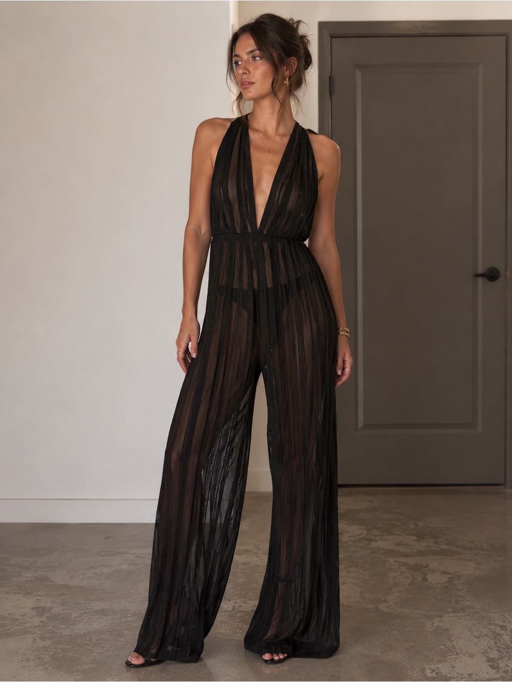 Votique Los Angeles Black Sheer Plunging Halter Wide-Leg Romper Jumpsuit